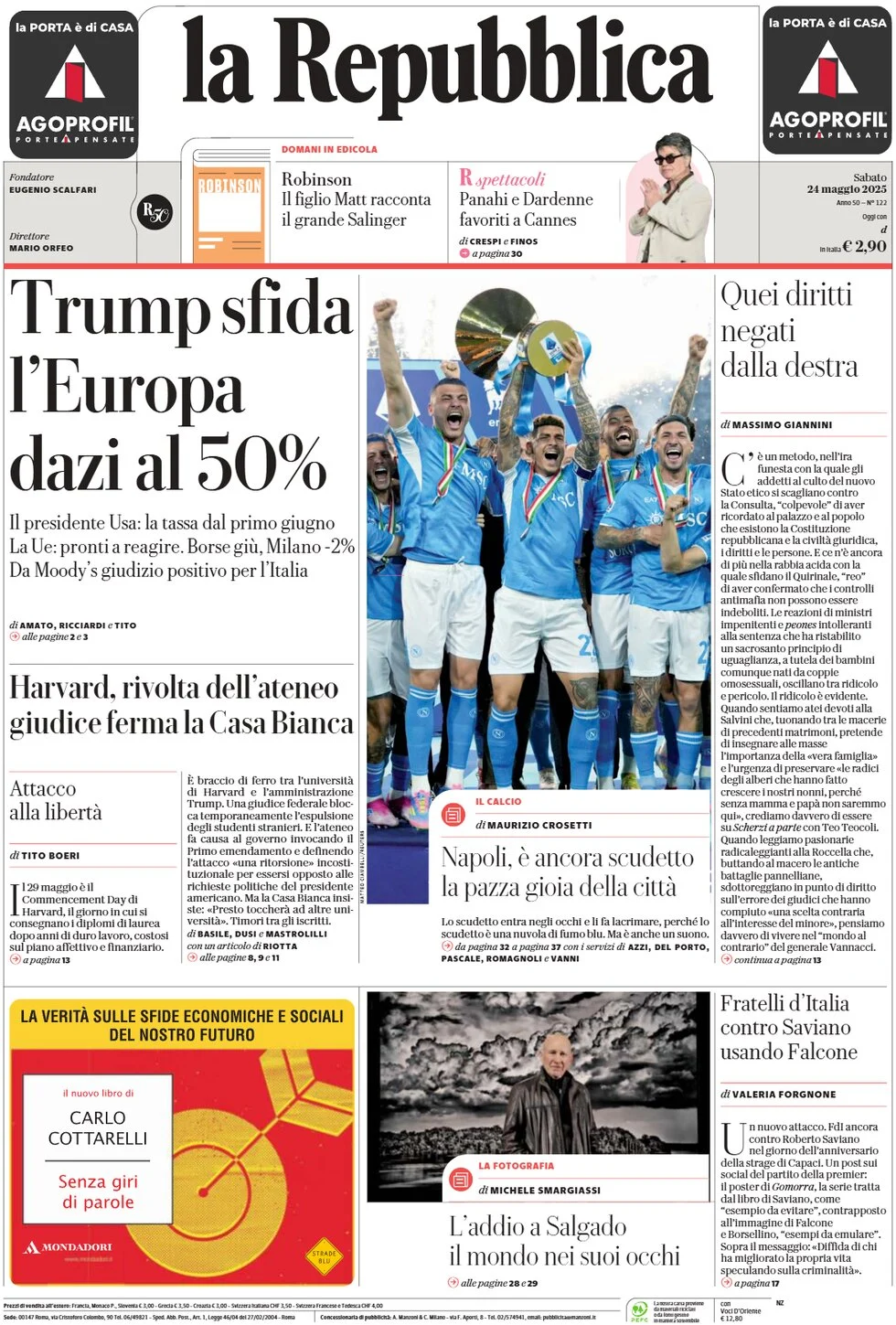 anteprima della prima pagina di la-repubblica del 24/05/2025