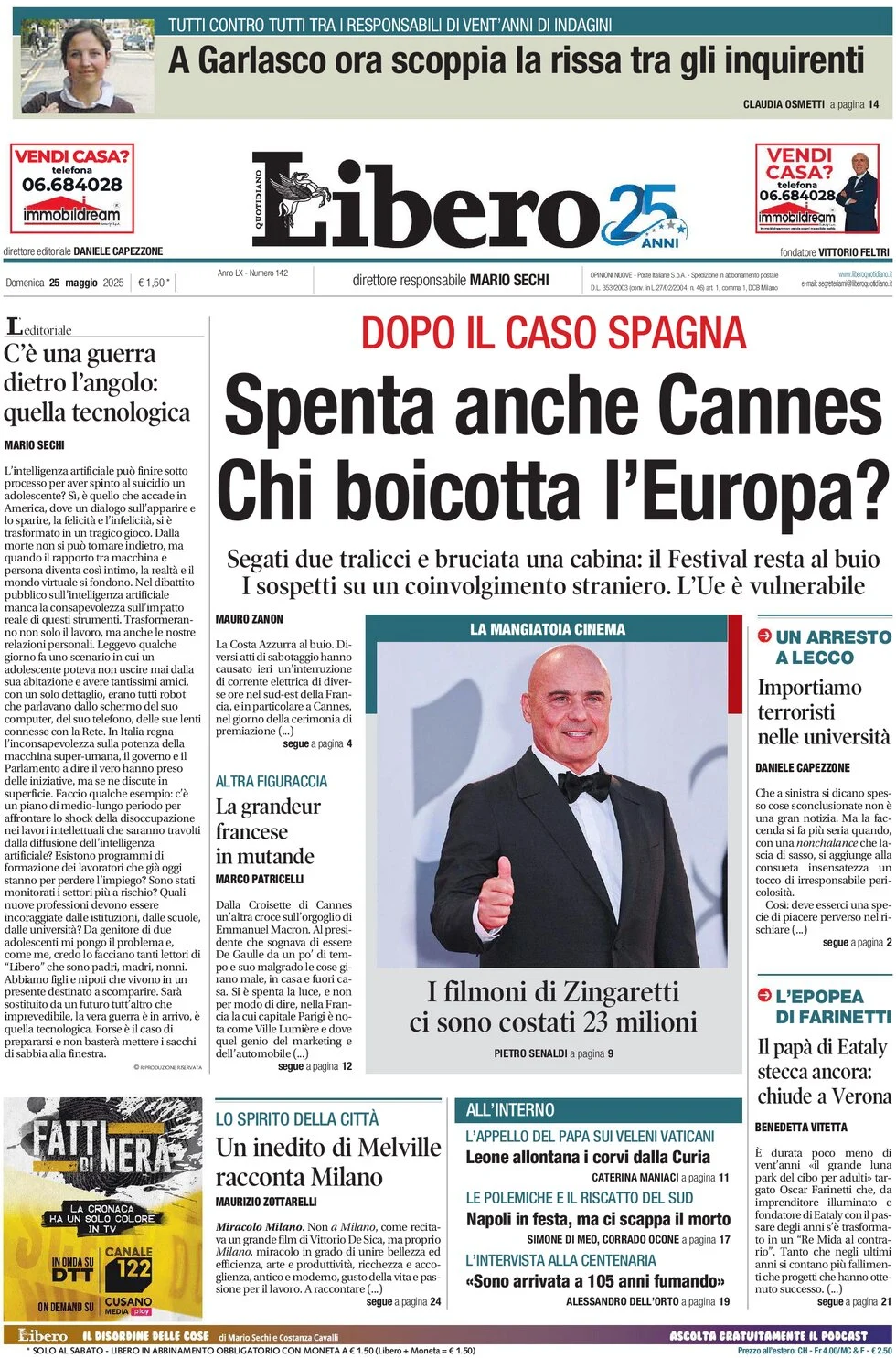anteprima della prima pagina di libero-quotidiano del 25/05/2025