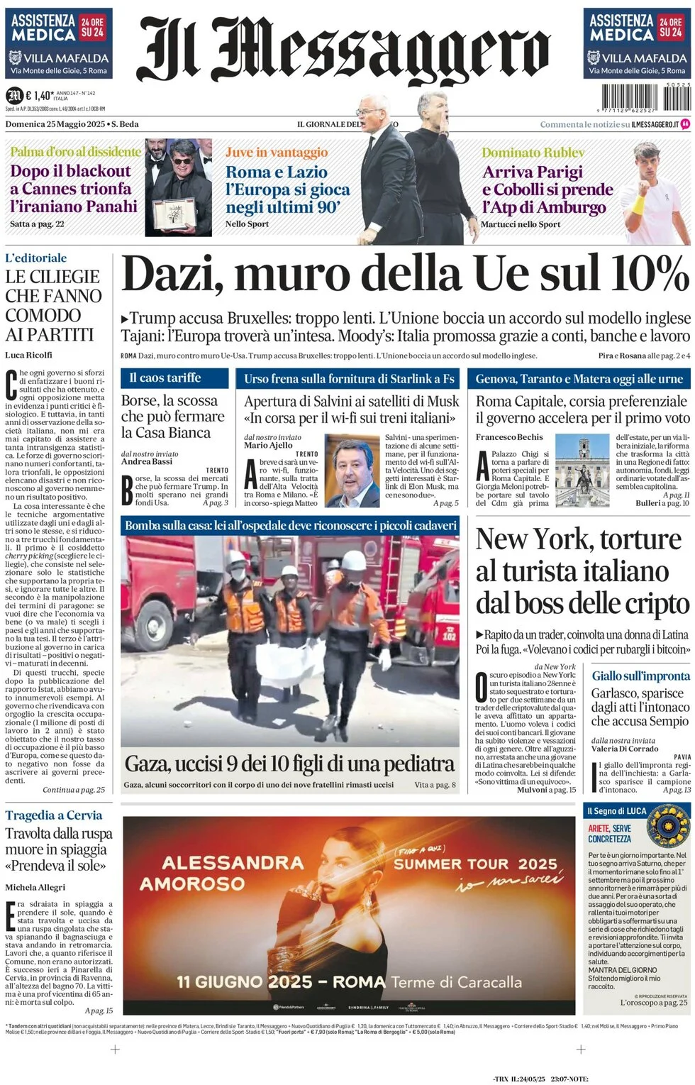 anteprima della prima pagina di il-messaggero del 25/05/2025