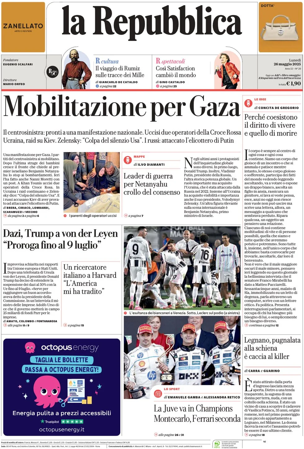 anteprima della prima pagina di la-repubblica del 26/05/2025