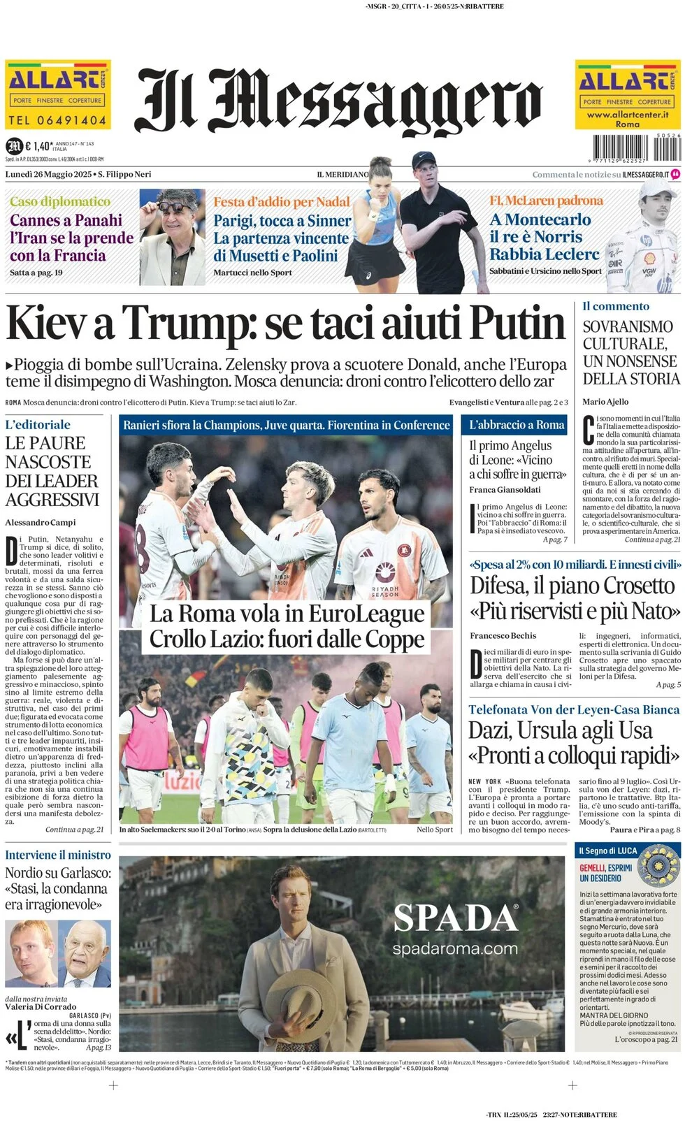 anteprima della prima pagina di il-messaggero del 26/05/2025