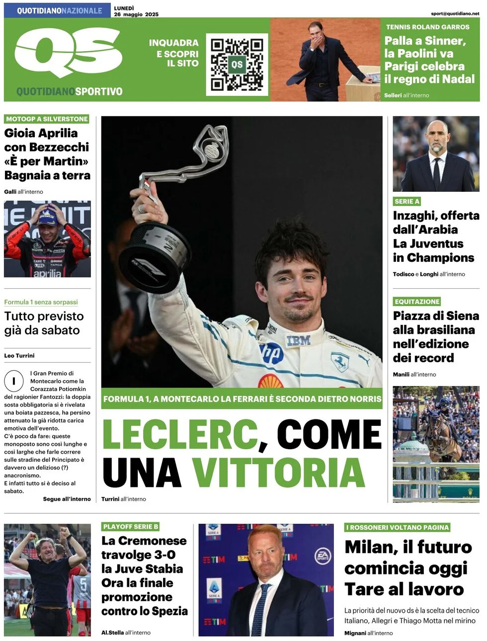anteprima della prima pagina di qs-quotidiano-sportivo del 26/05/2025