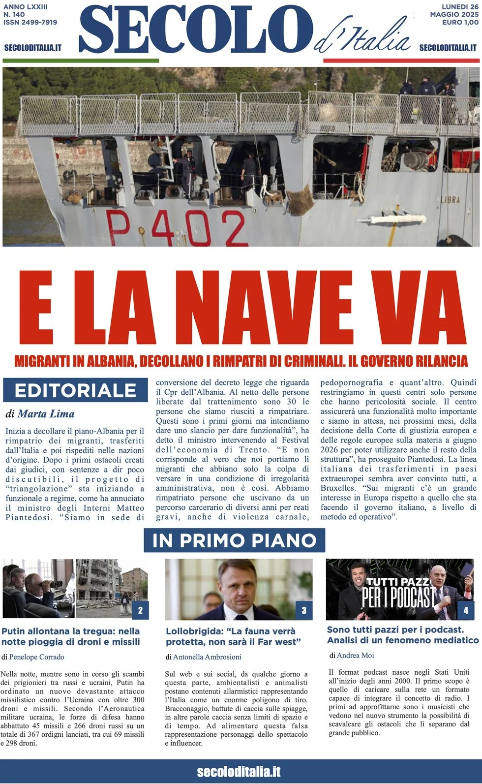 anteprima della prima pagina di secolo-ditalia del 26/05/2025
