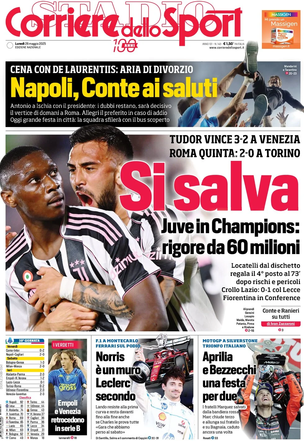 anteprima della prima pagina di corriere-dello-sport del 26/05/2025