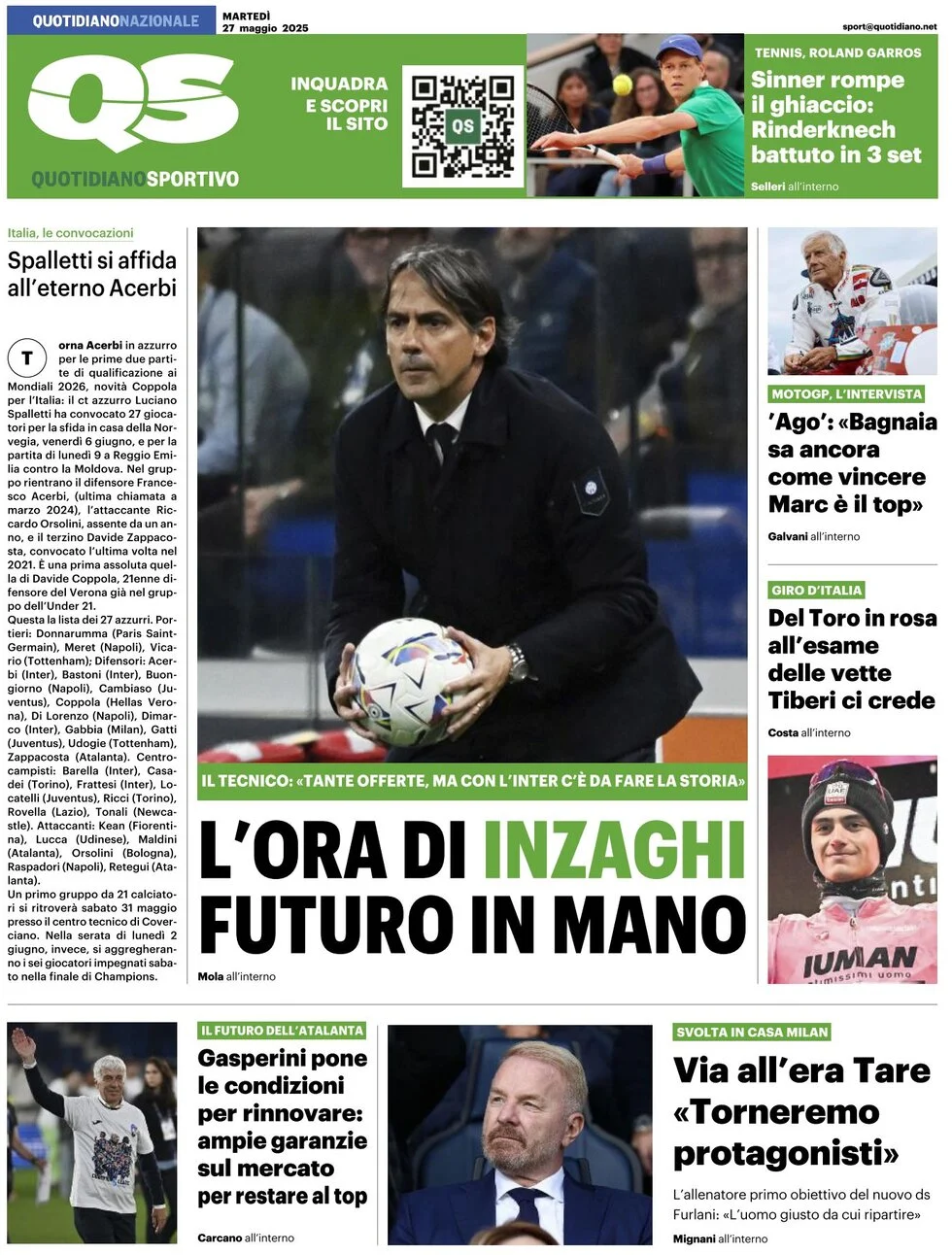 anteprima della prima pagina di qs-quotidiano-sportivo del 27/05/2025