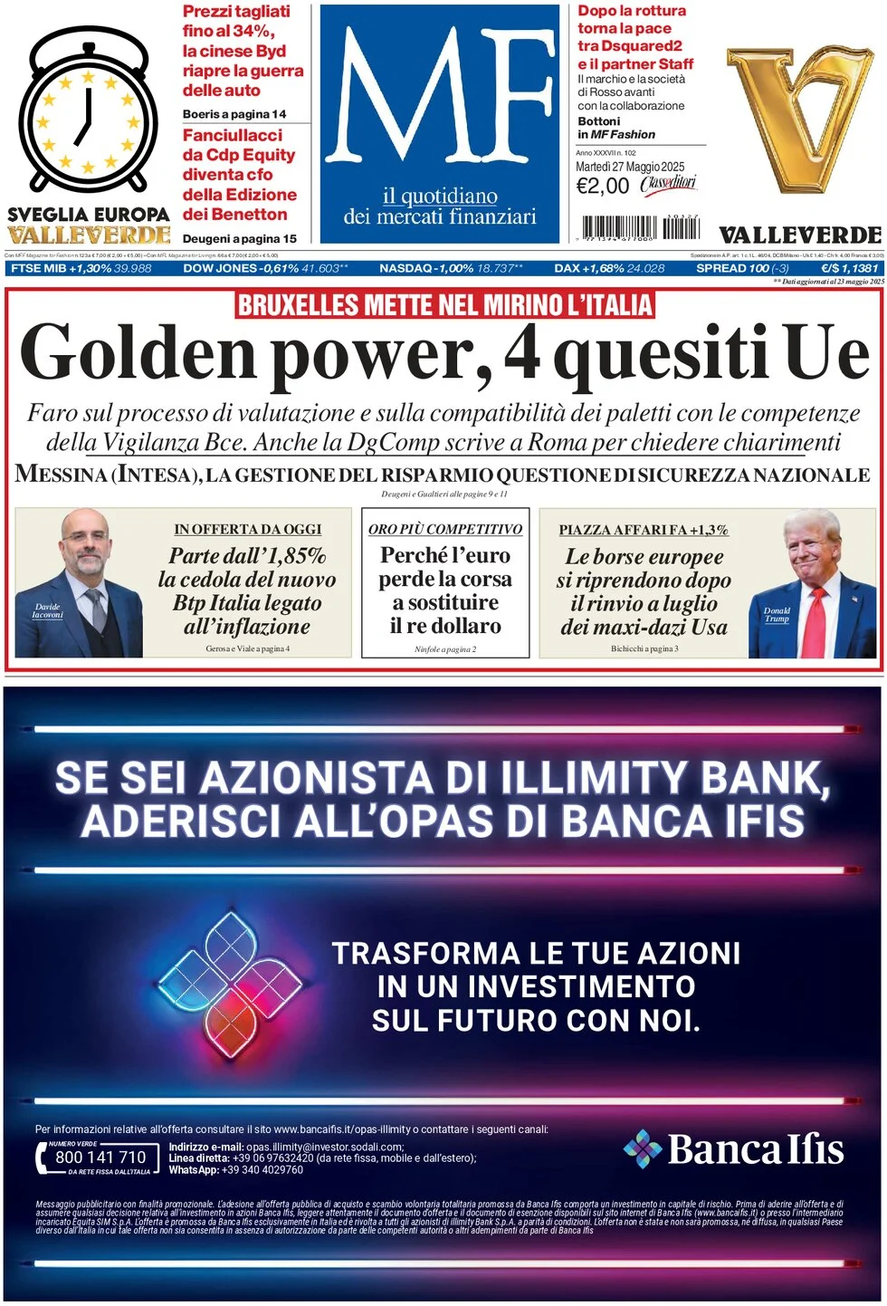 anteprima della prima pagina di mf-milano-finanza del 27/05/2025