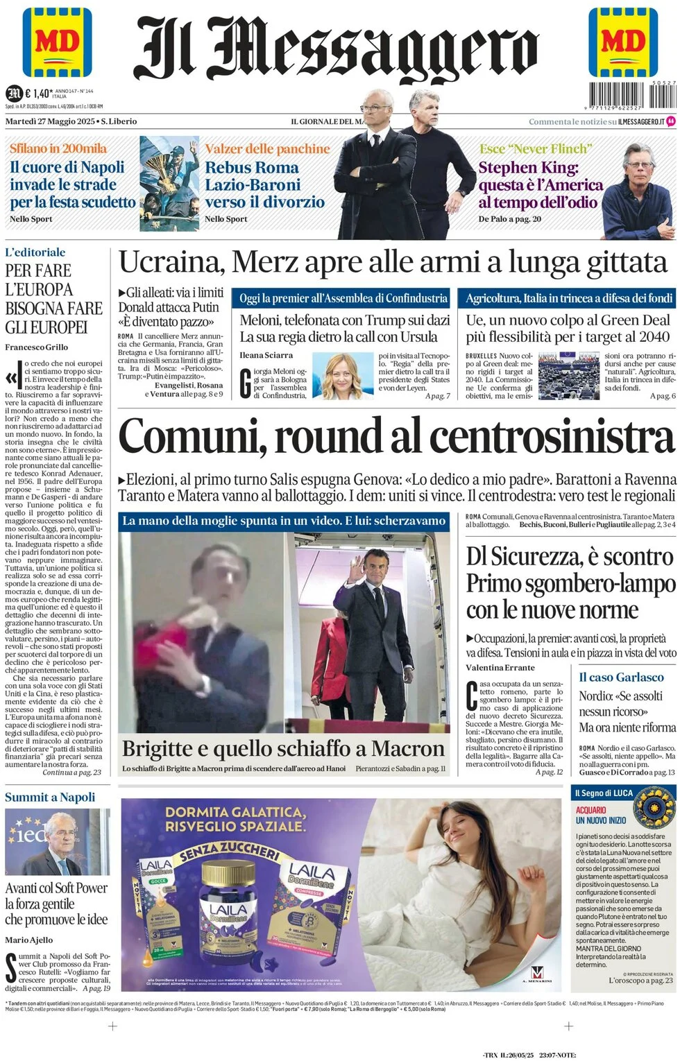 anteprima della prima pagina di il-messaggero del 27/05/2025