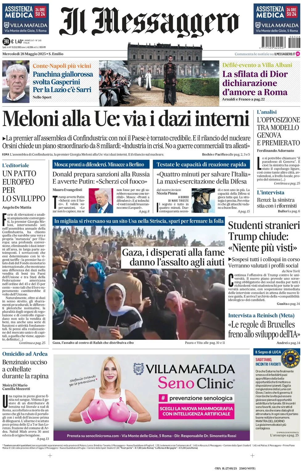 anteprima della prima pagina di il-messaggero del 28/05/2025