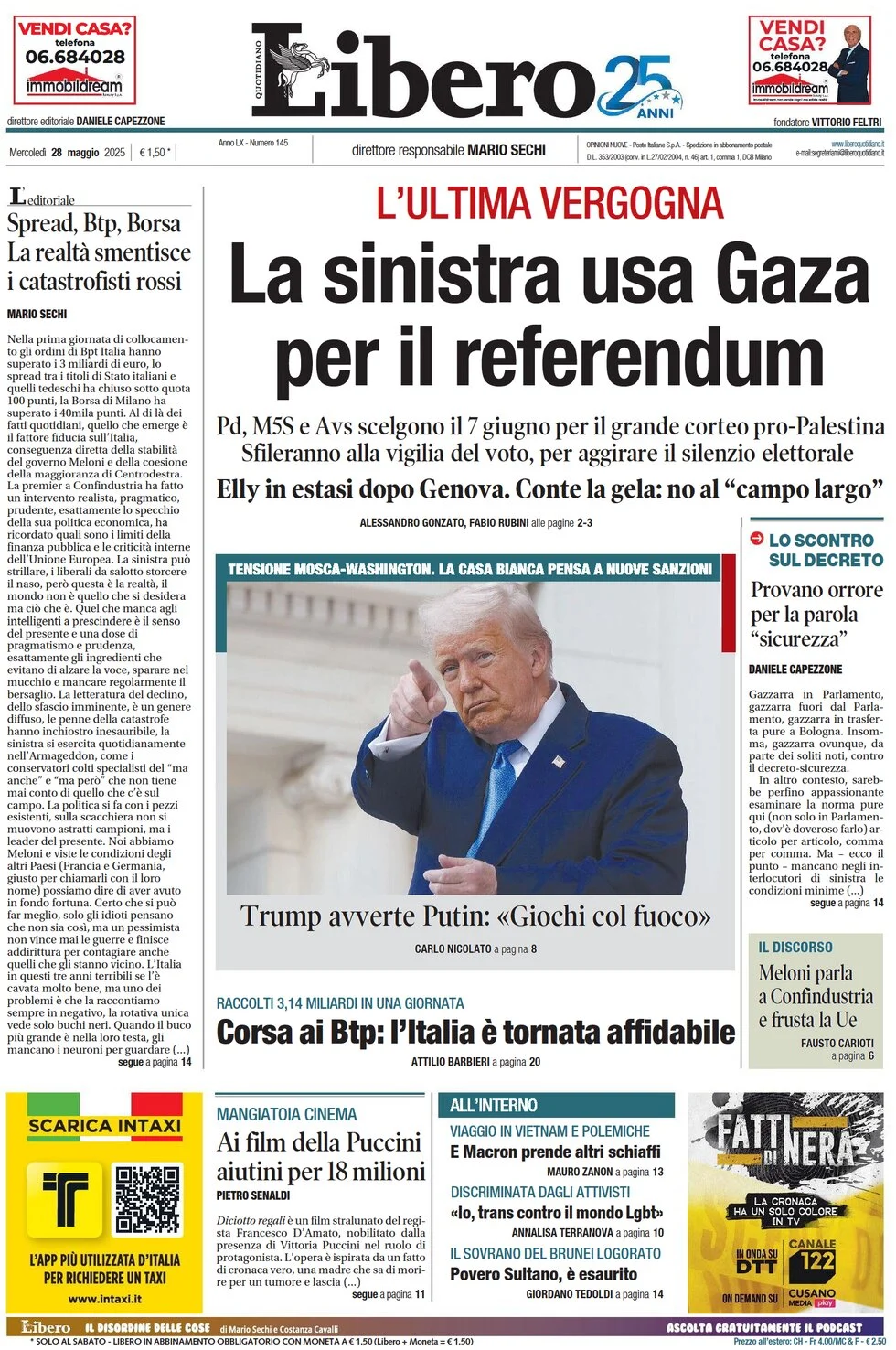 anteprima della prima pagina di libero-quotidiano del 28/05/2025
