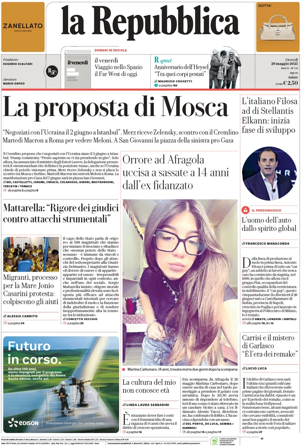 anteprima della prima pagina di la-repubblica del 29/05/2025
