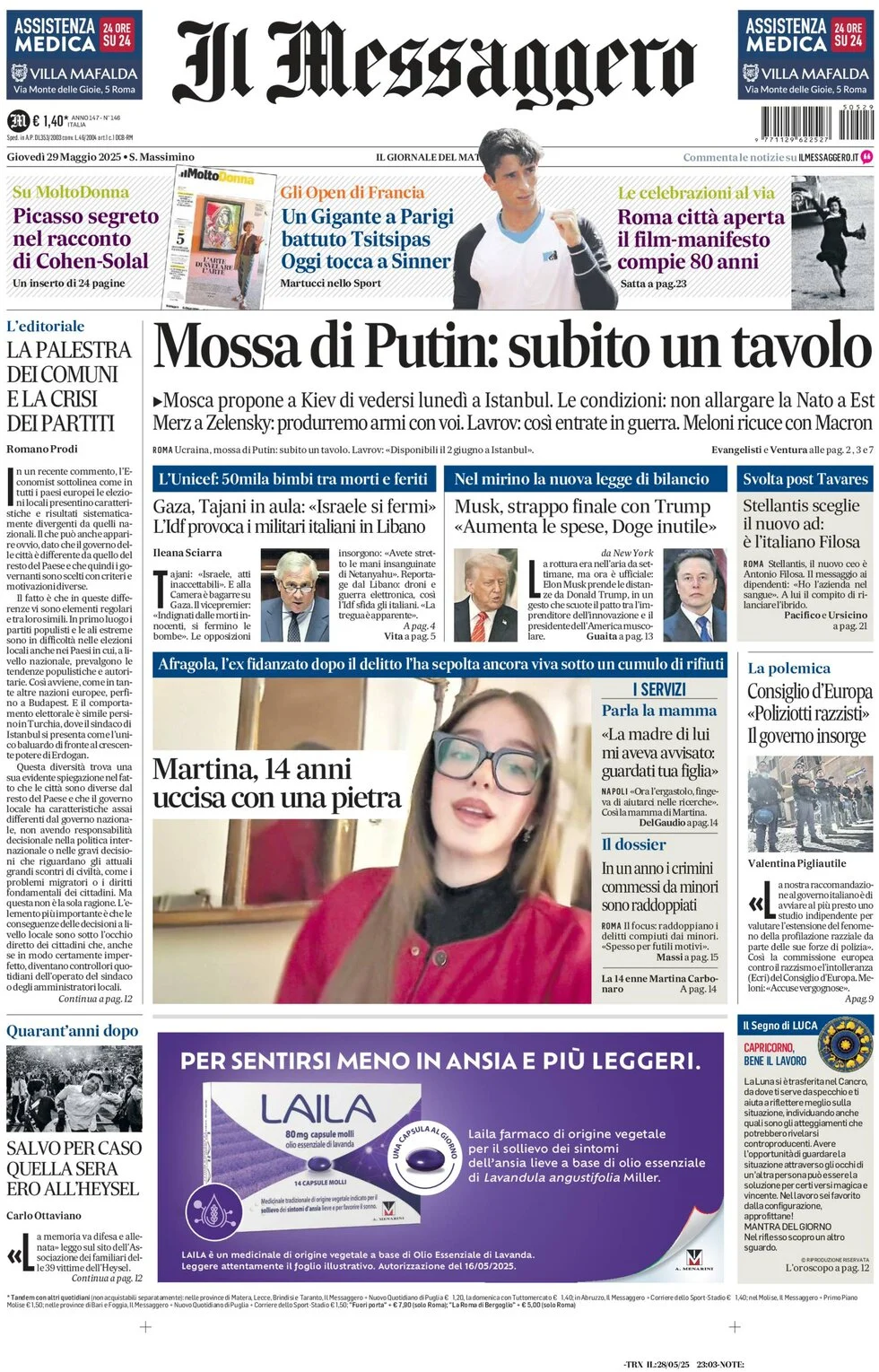 anteprima della prima pagina di il-messaggero del 29/05/2025