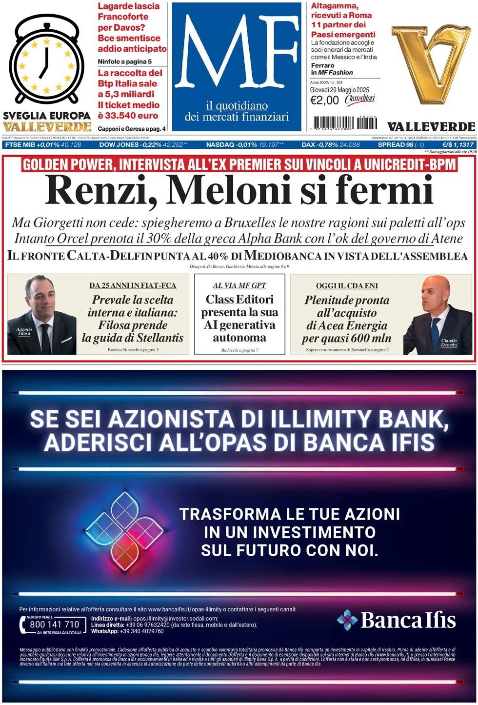 anteprima della prima pagina di mf-milano-finanza del 29/05/2025