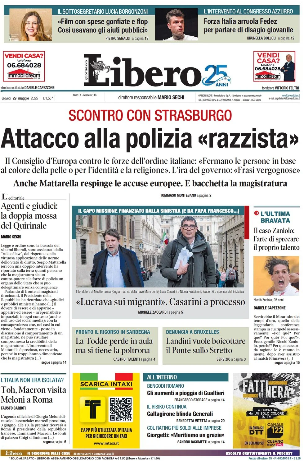 anteprima della prima pagina di libero-quotidiano del 29/05/2025