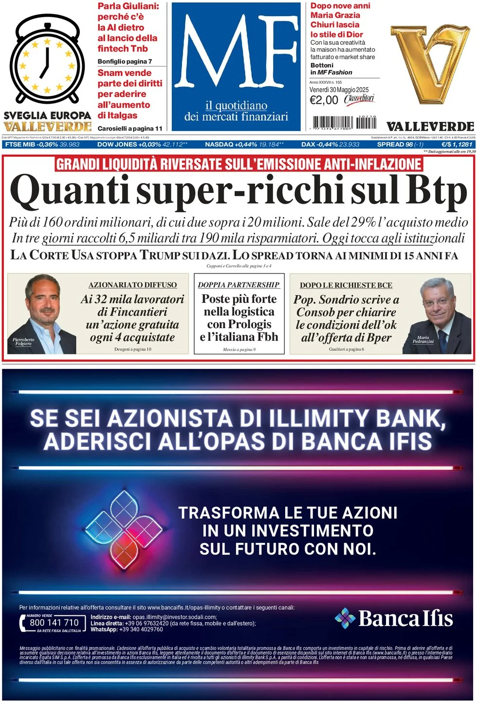 anteprima della prima pagina di mf-milano-finanza del 30/05/2025