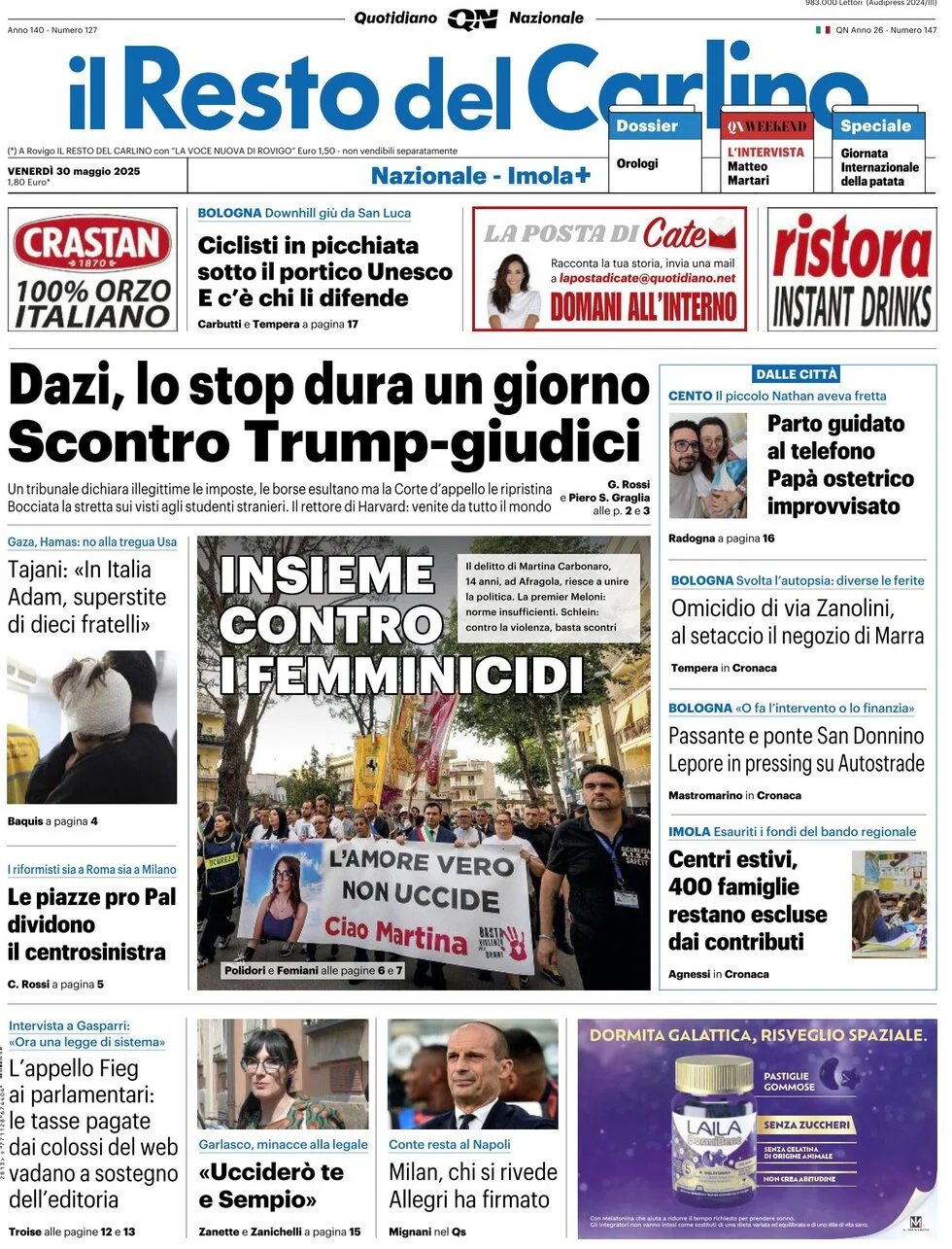 anteprima della prima pagina di il-resto-del-carlino del 30/05/2025
