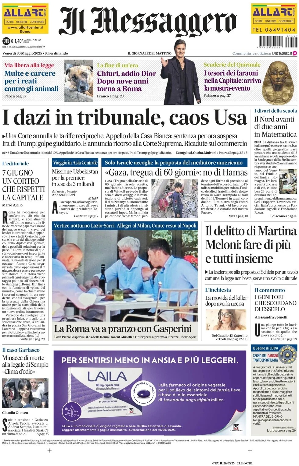 anteprima della prima pagina di il-messaggero del 30/05/2025