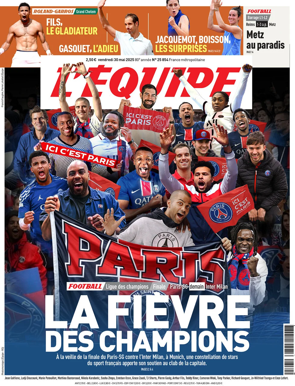 anteprima della prima pagina di lequipe del 30/05/2025