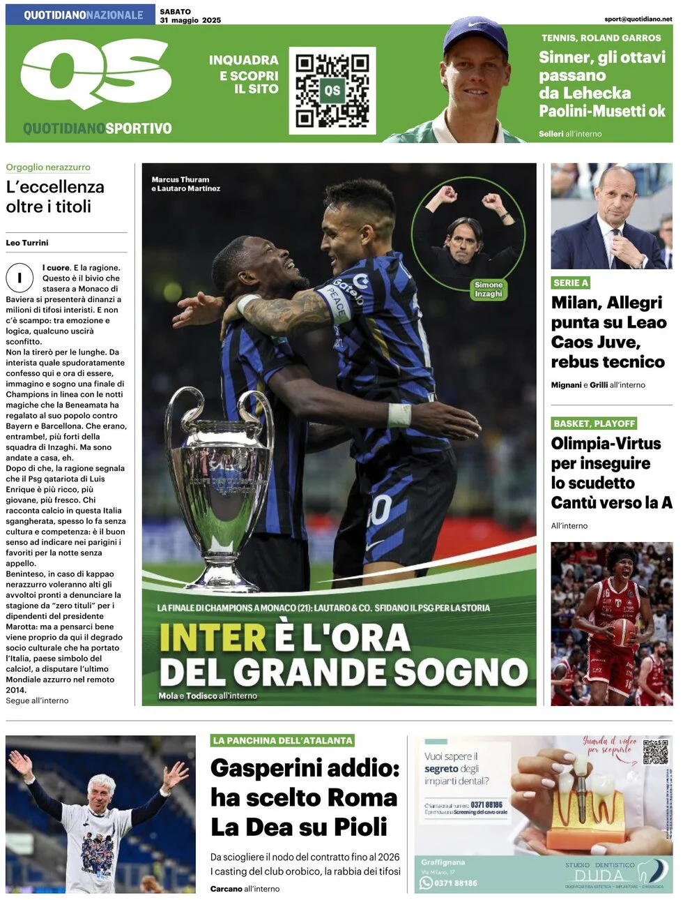 anteprima della prima pagina di qs-quotidiano-sportivo del 31/05/2025