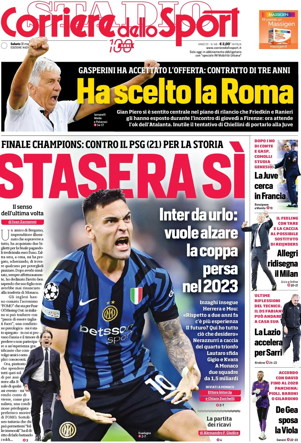 anteprima della prima pagina di corriere-dello-sport del 31/05/2025
