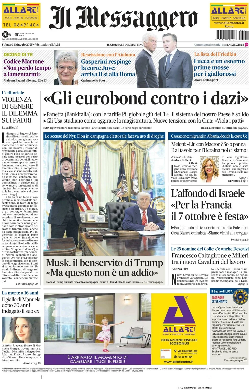 anteprima della prima pagina di il-messaggero del 31/05/2025