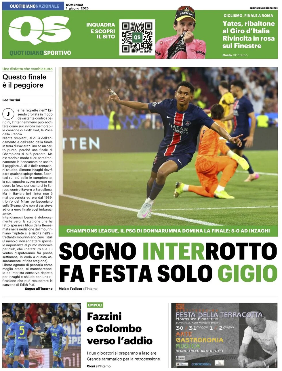 anteprima della prima pagina di qs-quotidiano-sportivo del 01/06/2025