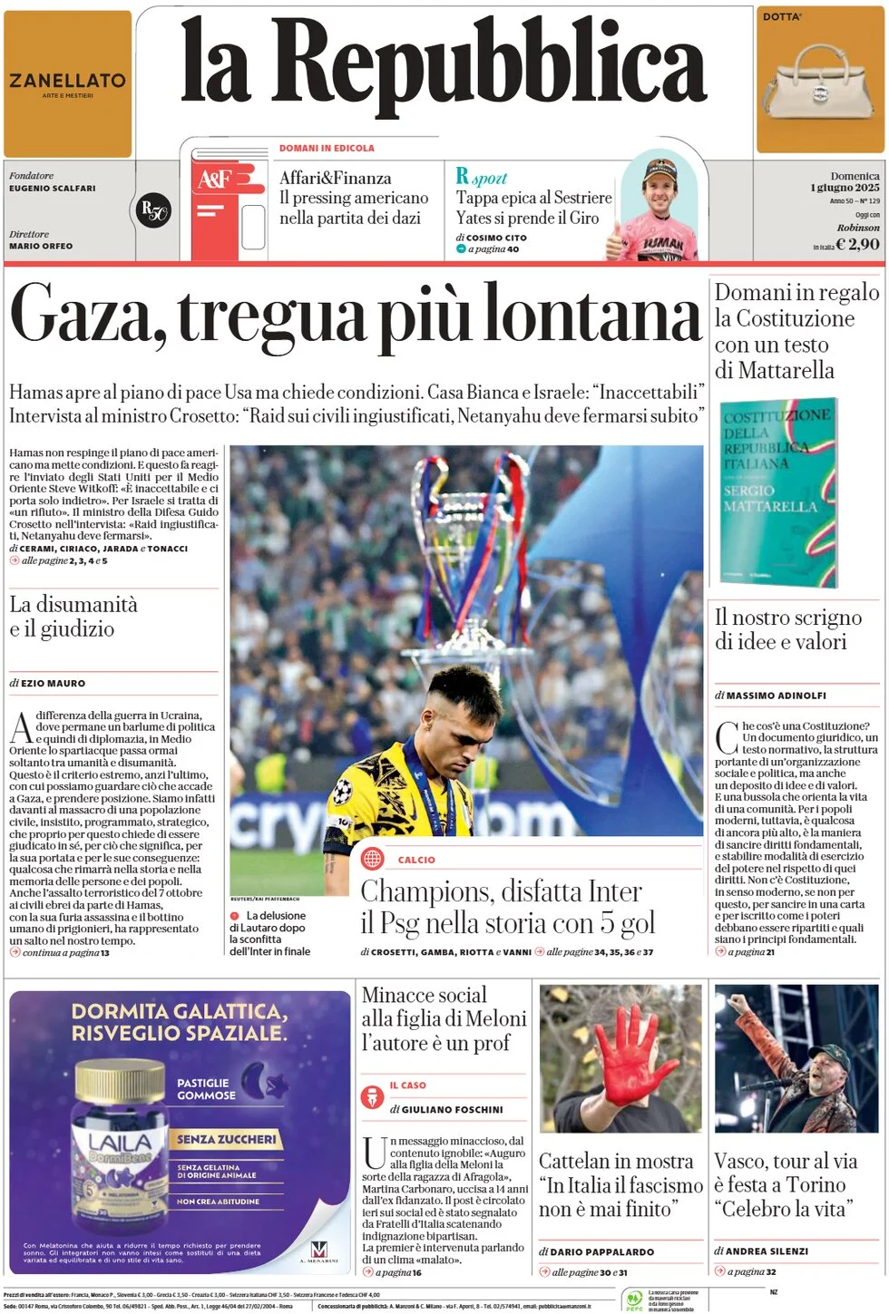 anteprima della prima pagina di la-repubblica del 01/06/2025