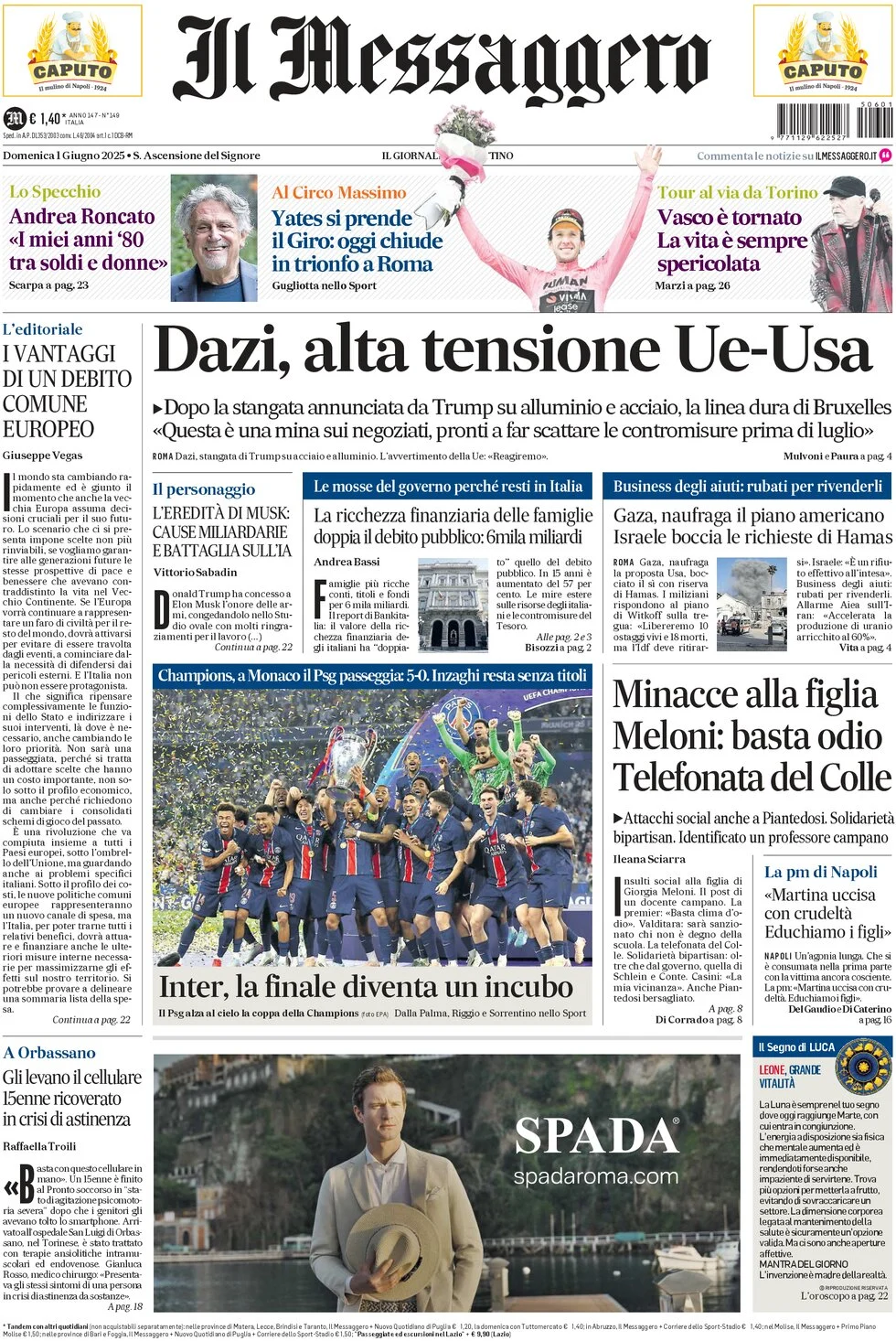 anteprima della prima pagina di il-messaggero del 01/06/2025