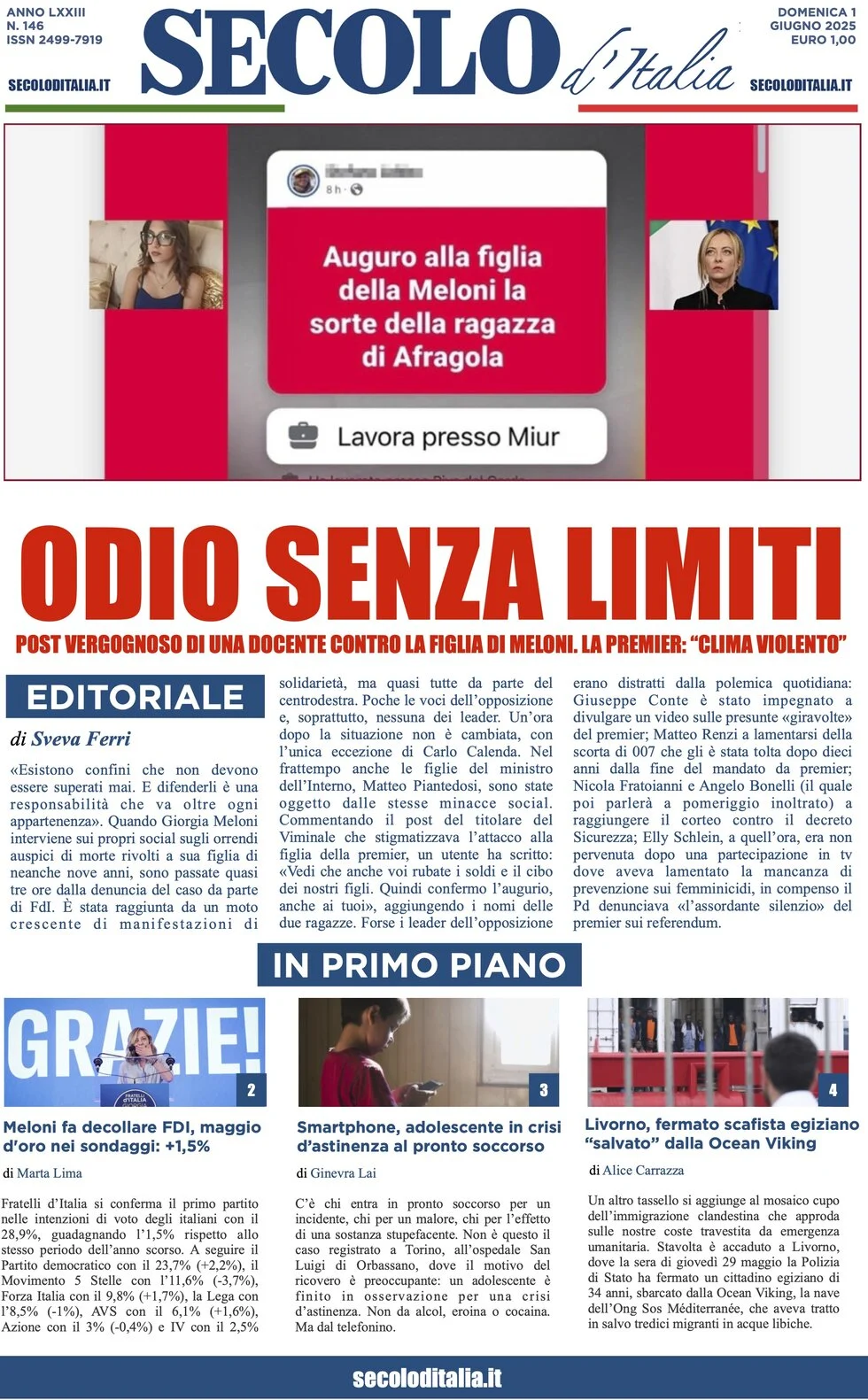 anteprima della prima pagina di secolo-ditalia del 01/06/2025