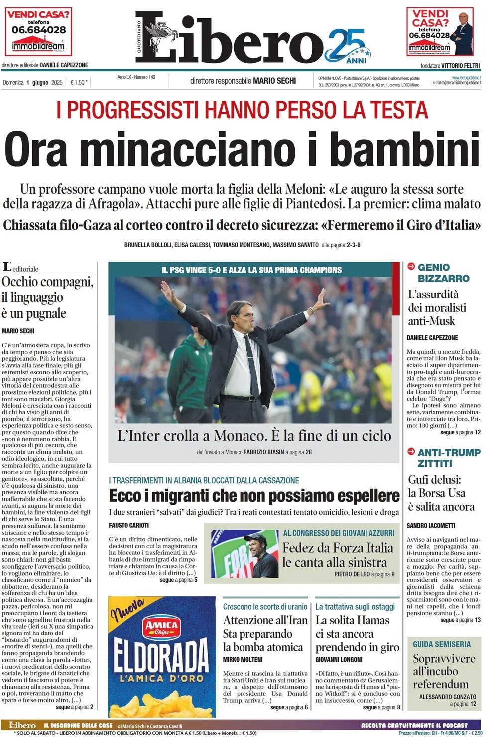 anteprima della prima pagina di libero-quotidiano del 01/06/2025