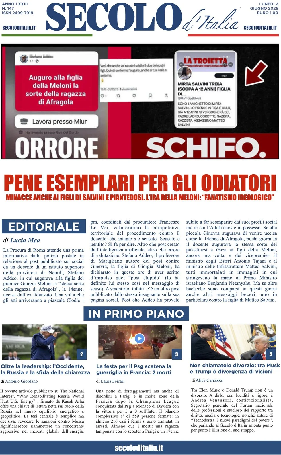anteprima della prima pagina di secolo-ditalia del 02/06/2025