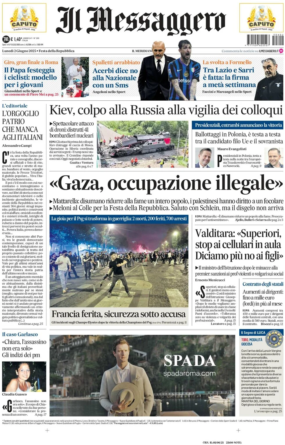 anteprima della prima pagina di il-messaggero del 02/06/2025