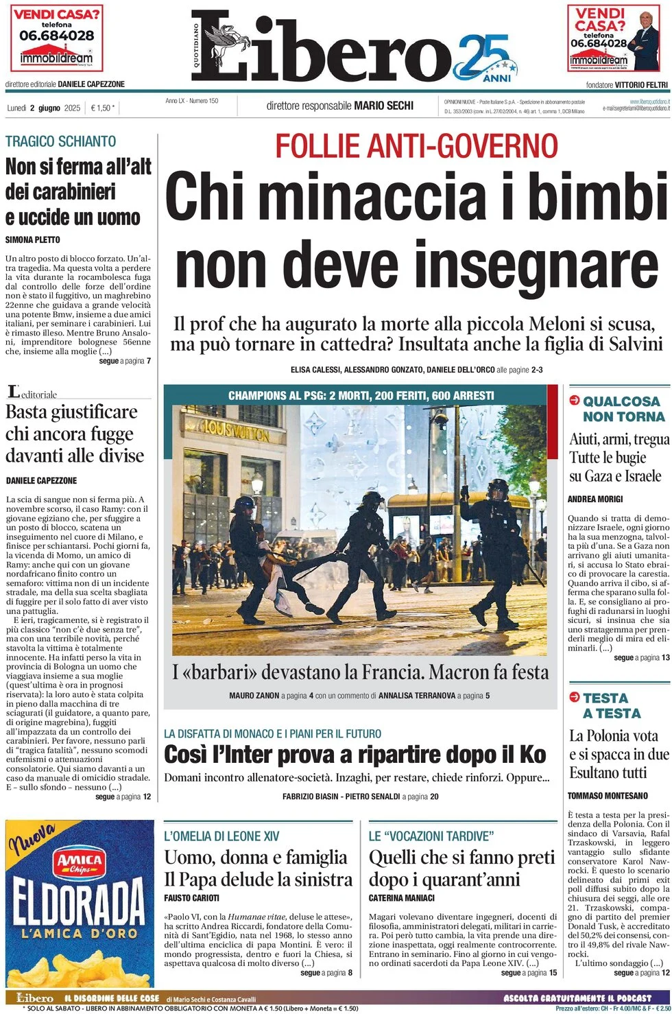 anteprima della prima pagina di libero-quotidiano del 02/06/2025
