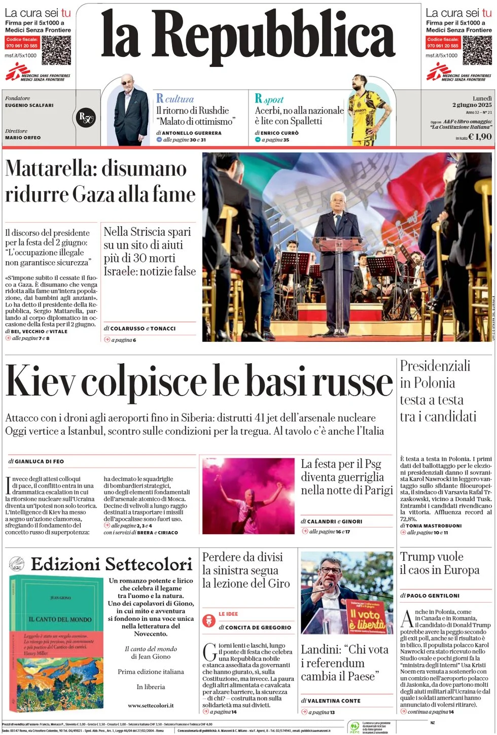 anteprima della prima pagina di la-repubblica del 02/06/2025