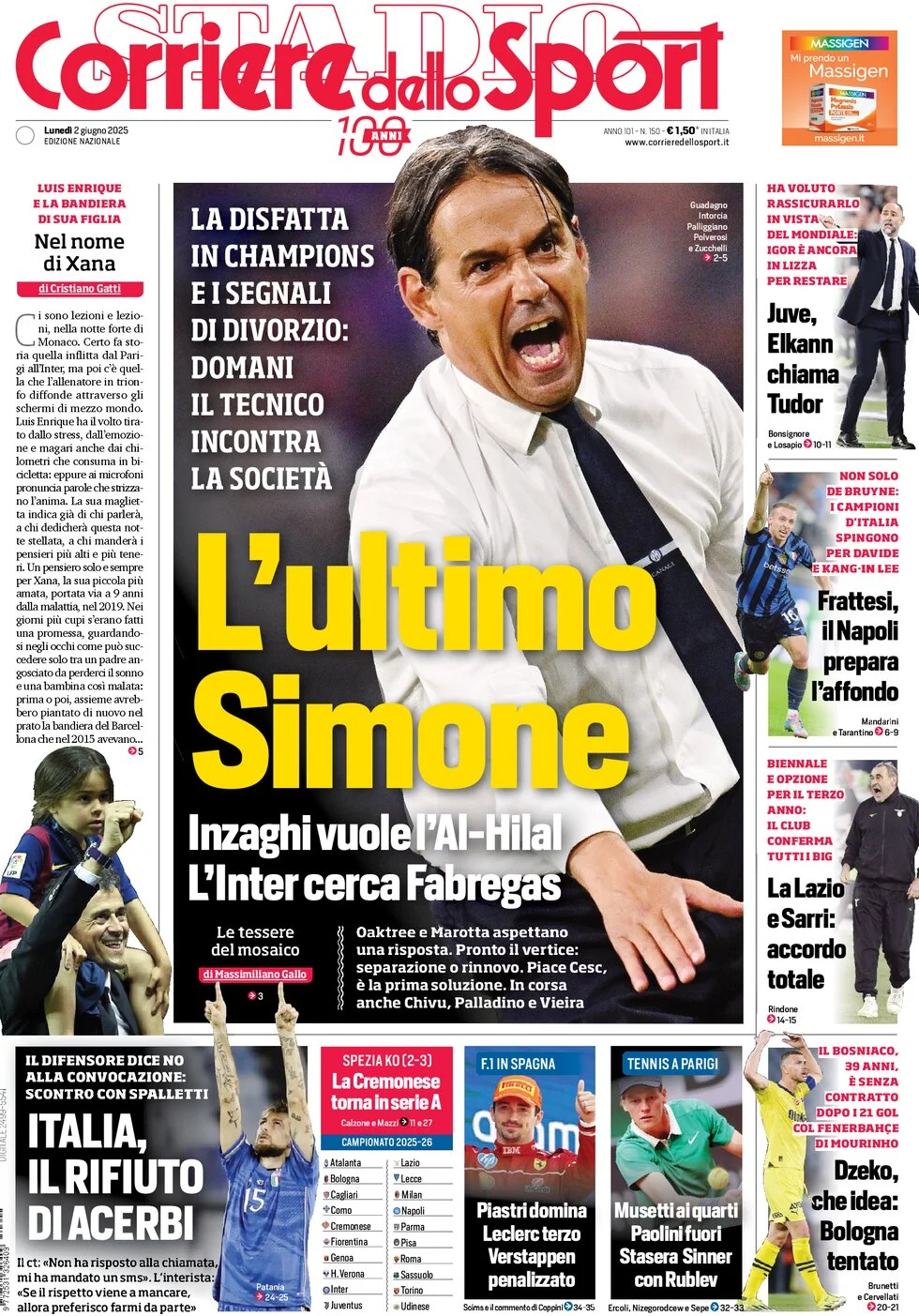 anteprima della prima pagina di corriere-dello-sport del 02/06/2025