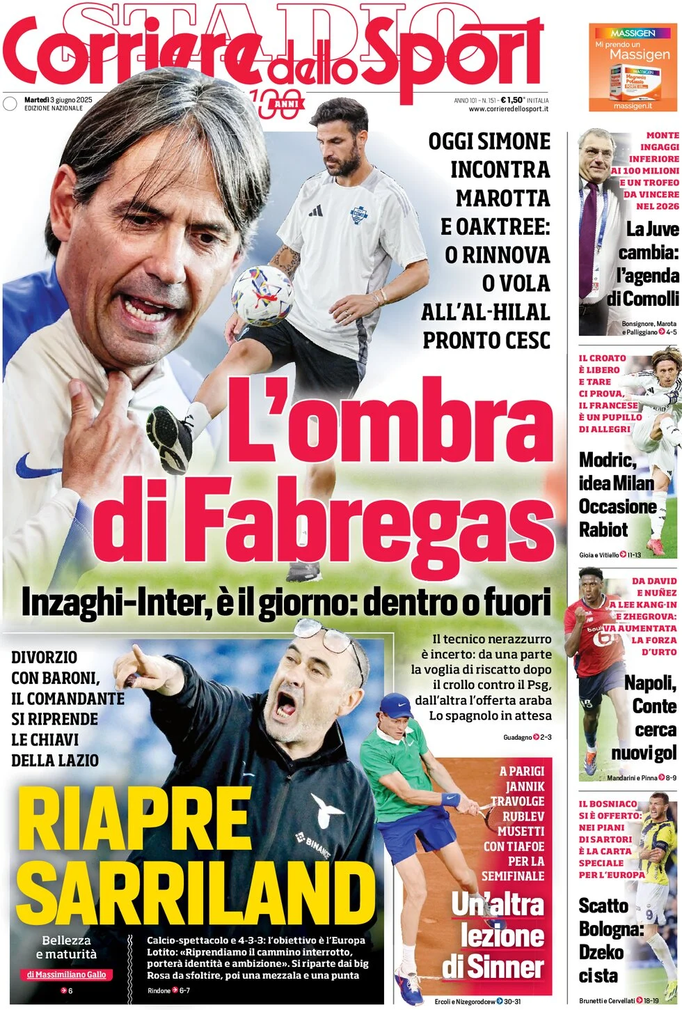 anteprima della prima pagina di corriere-dello-sport del 03/06/2025