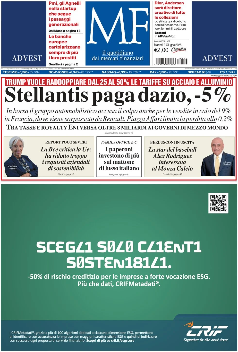 anteprima della prima pagina di mf-milano-finanza del 03/06/2025