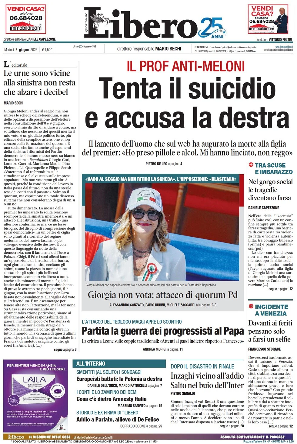 anteprima della prima pagina di libero-quotidiano del 03/06/2025