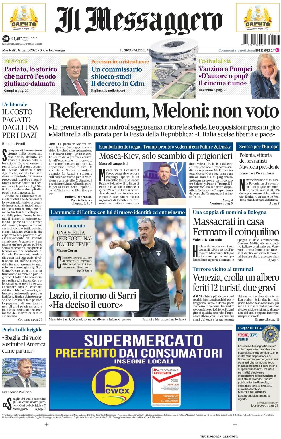 anteprima della prima pagina di il-messaggero del 03/06/2025