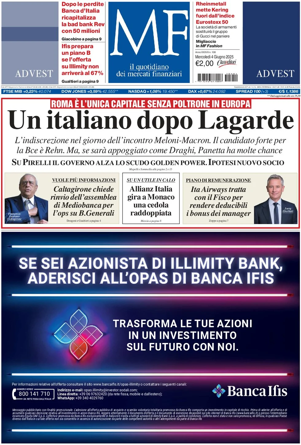 anteprima della prima pagina di mf-milano-finanza del 04/06/2025