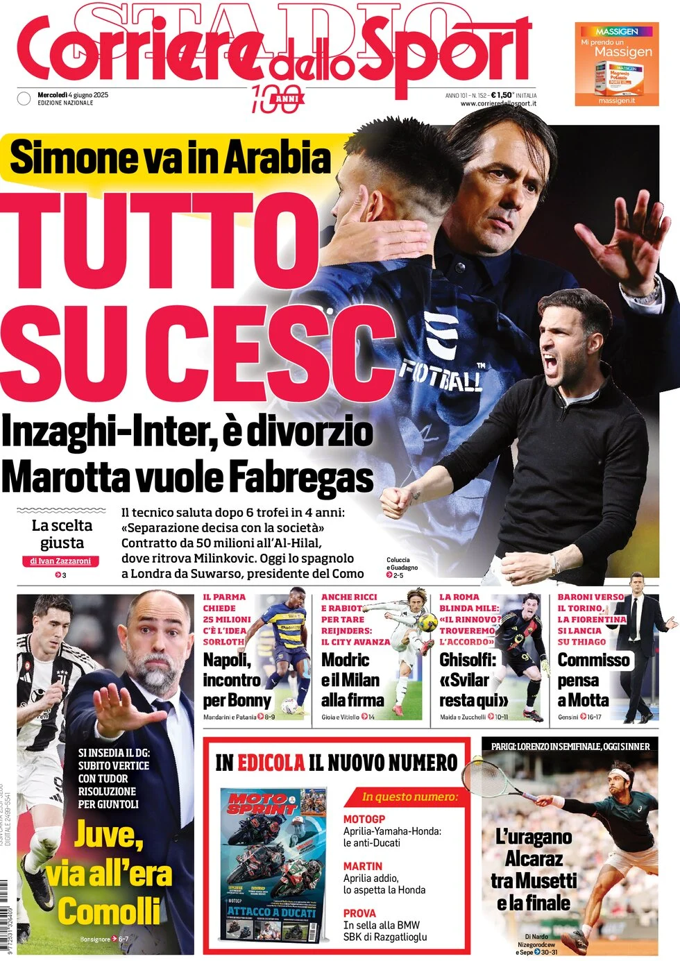anteprima della prima pagina di corriere-dello-sport del 04/06/2025
