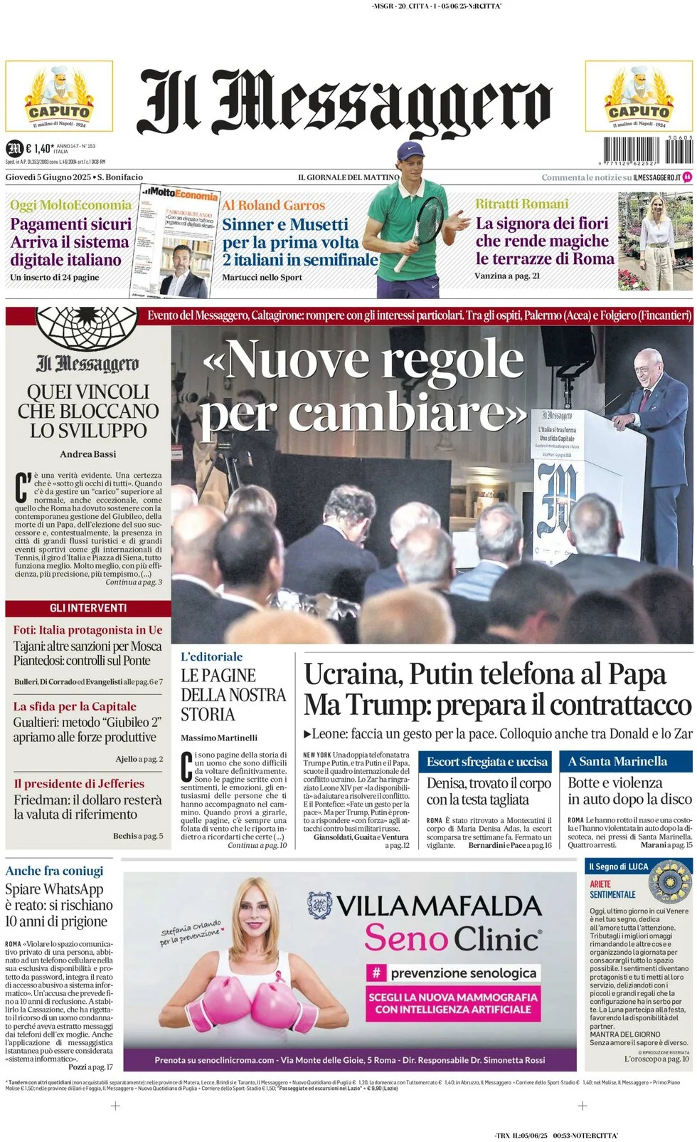 anteprima della prima pagina di il-messaggero del 05/06/2025