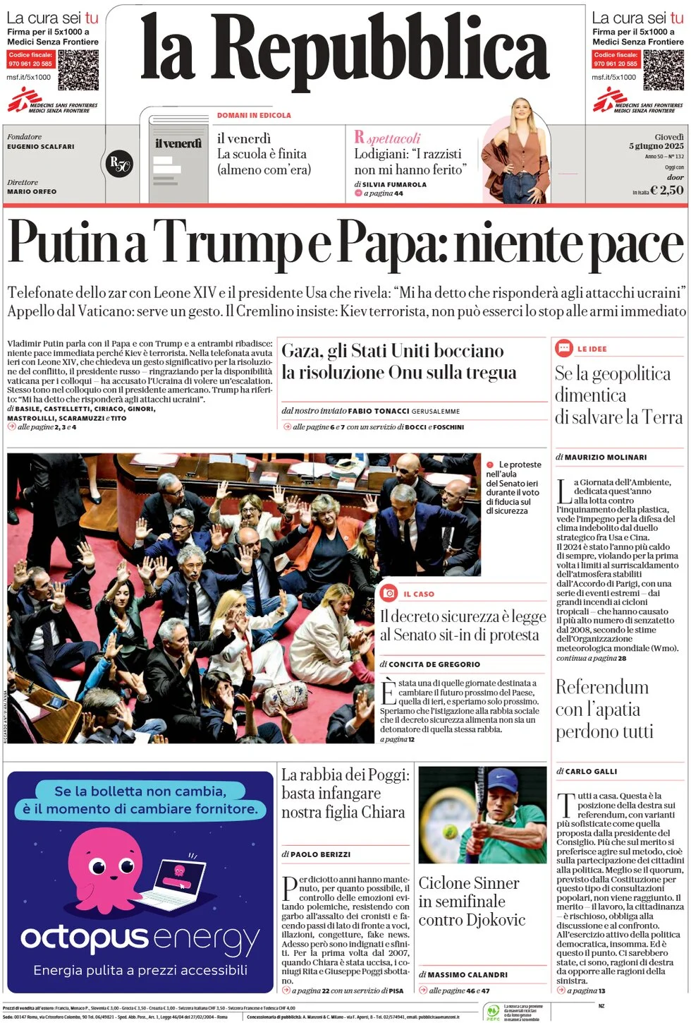 anteprima della prima pagina di la-repubblica del 05/06/2025