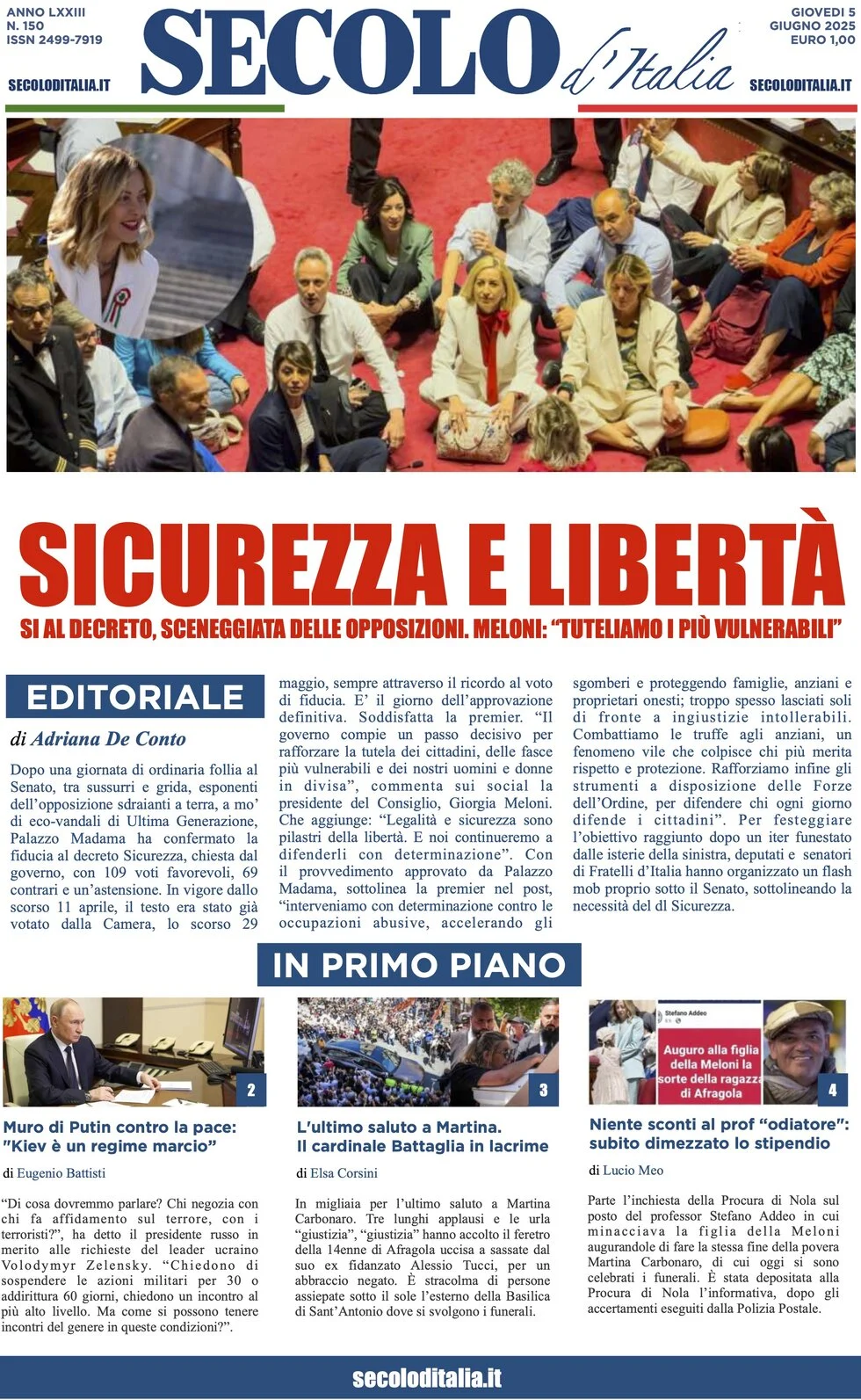 anteprima della prima pagina di secolo-ditalia del 05/06/2025