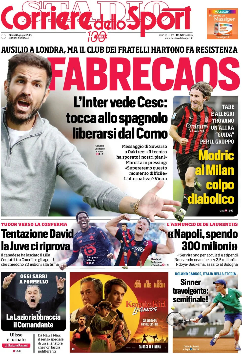 anteprima della prima pagina di corriere-dello-sport del 05/06/2025