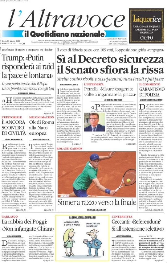 anteprima della prima pagina di il-quotidiano-del-sud-laltravoce del 05/06/2025