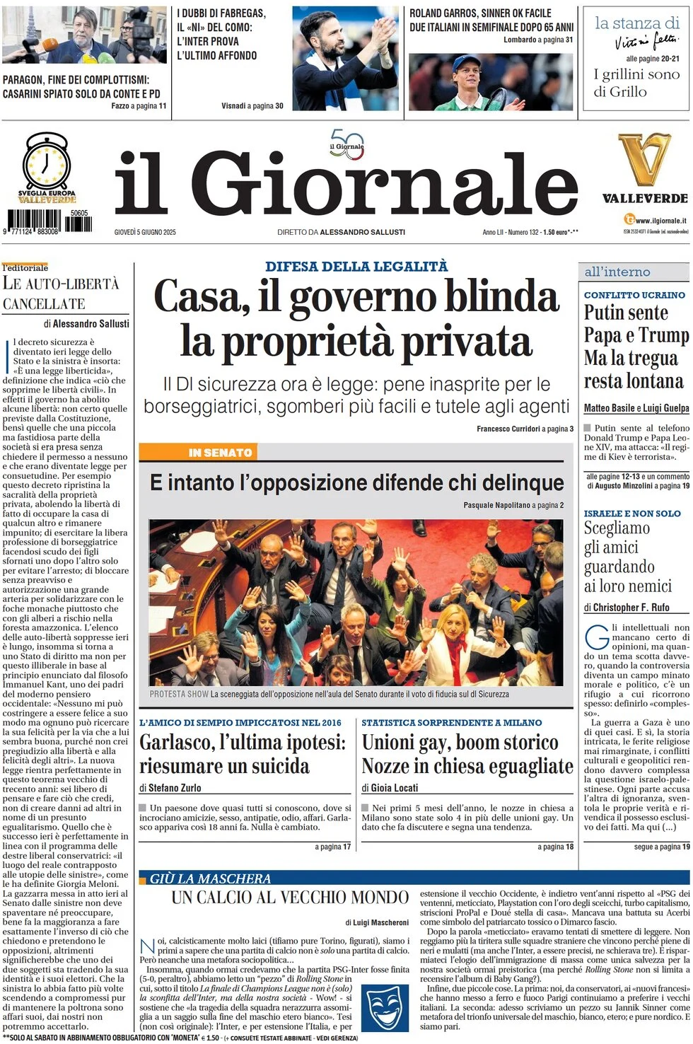 anteprima della prima pagina di il-giornale del 05/06/2025