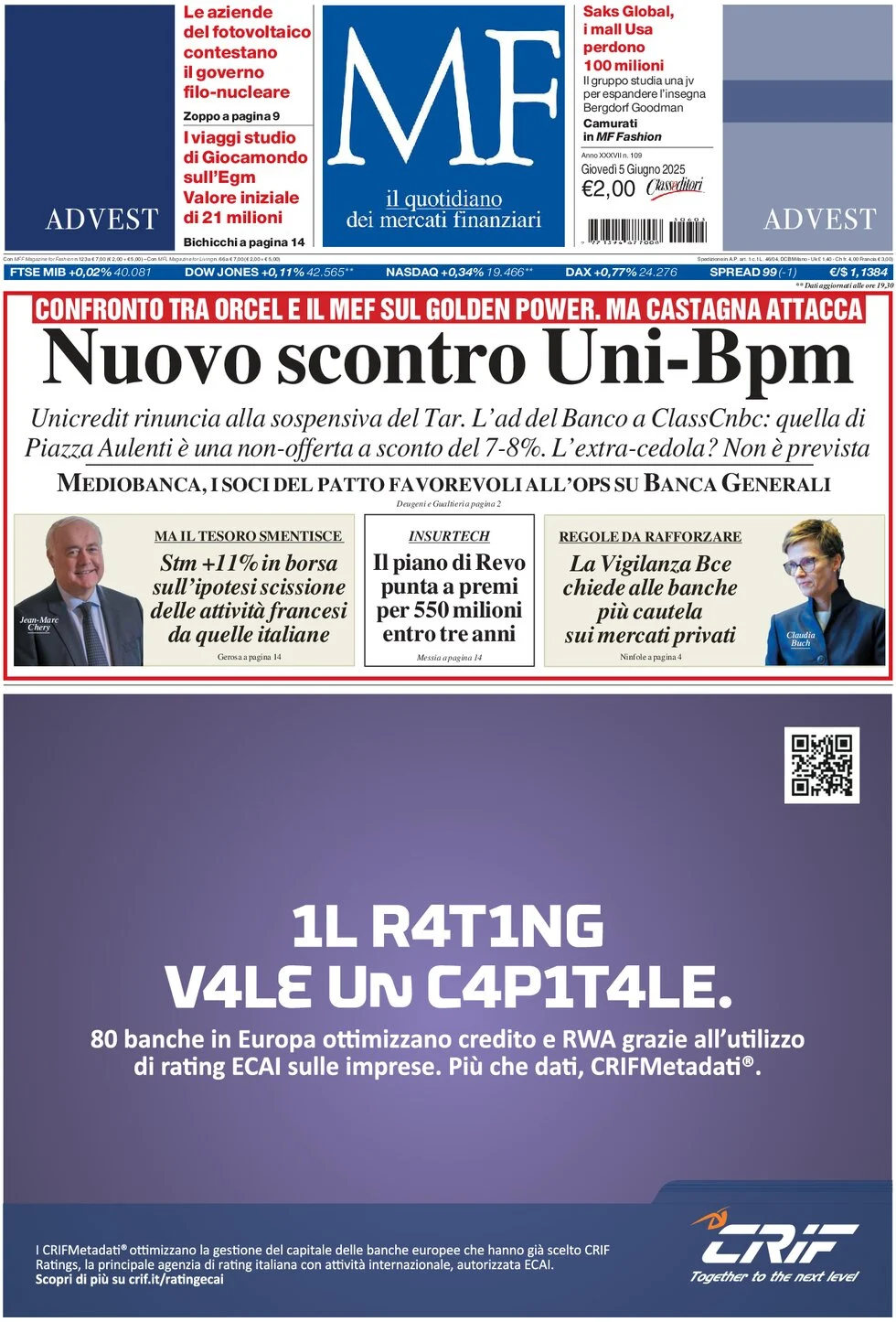anteprima della prima pagina di mf-milano-finanza del 05/06/2025