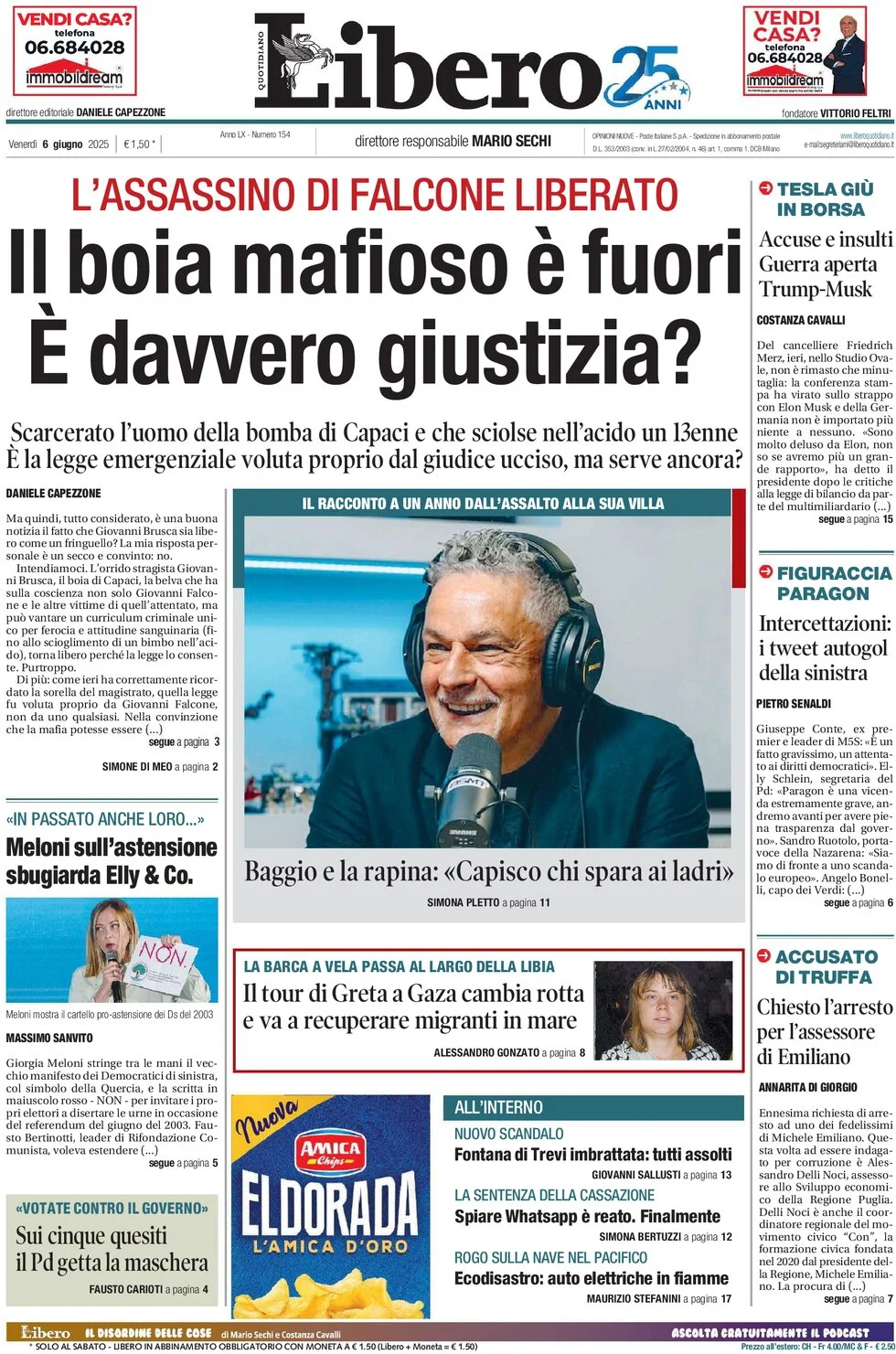 anteprima della prima pagina di libero-quotidiano del 06/06/2025