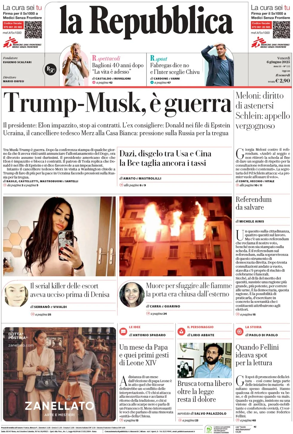 anteprima della prima pagina di la-repubblica del 06/06/2025