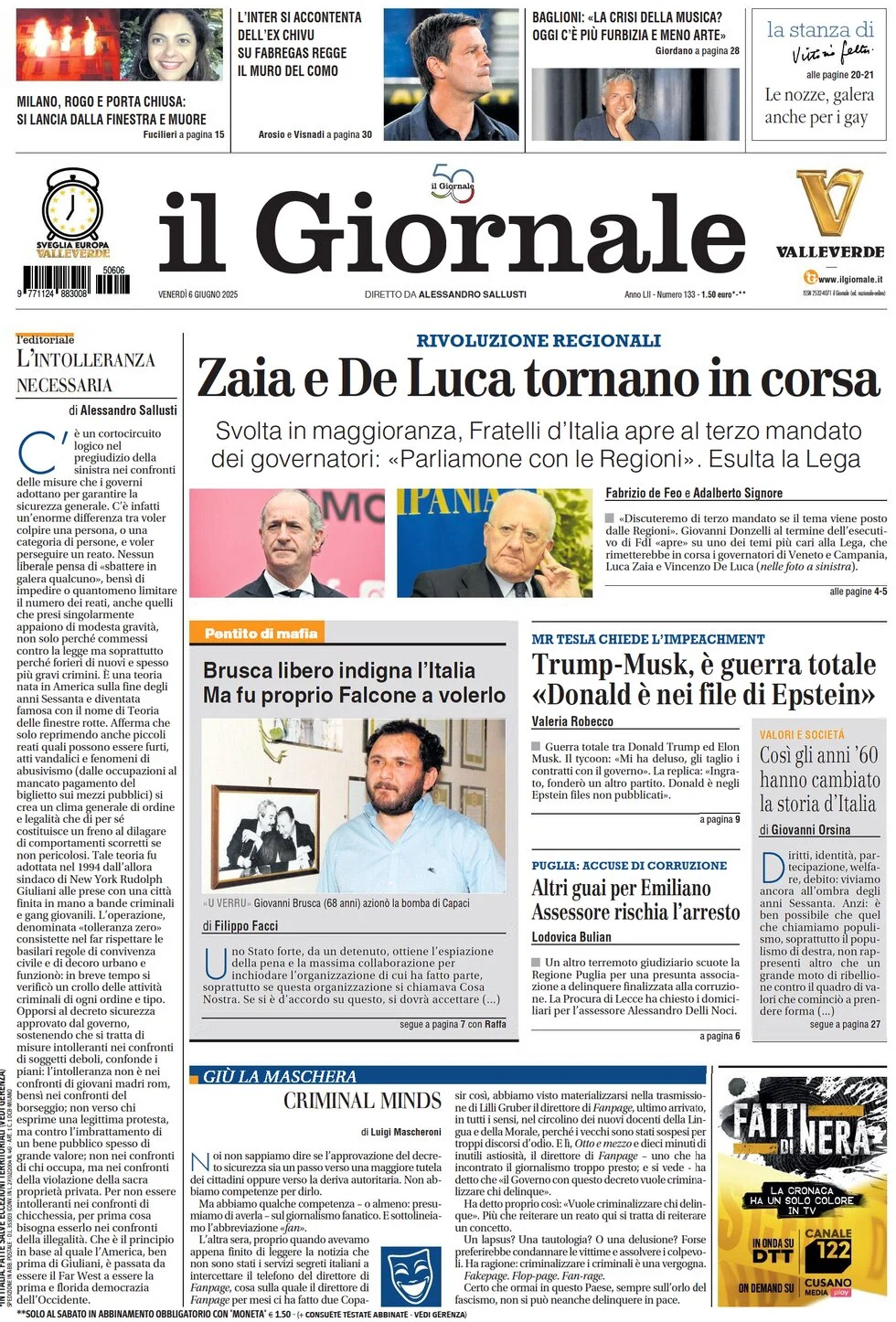 anteprima della prima pagina di il-giornale del 06/06/2025